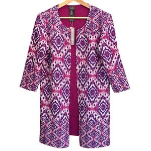 Modern Chico's Travelers Open Front Jacket Bohemian Artsy Ikat Crinkle Purple 0